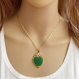 14K Solid Real Gold Heart CZ Jade Pendant